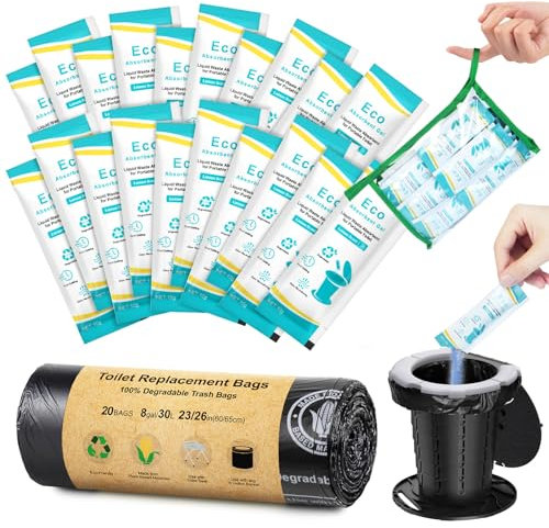 BLIKA 20 Count Camping Toilet Bags Eco Absorbent Gel Set, Portable Toilet Bags with Gel, 8 Gallon, 30 Liter, Heavy Duty 1 Mil, Toilet Replacement Bags with Toilet Powder for Camping Outdoor Hiking