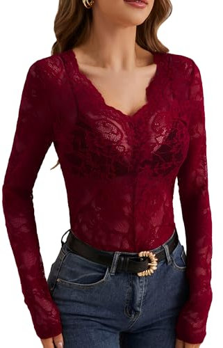 Panegy Women’s Sexy Lace Tops Y2K Fashion Clubwear Streetwear Floral See Through Ladies Blouse V Neck Shirts See Through Slim Fit T Shirt Tank Tops Red XL