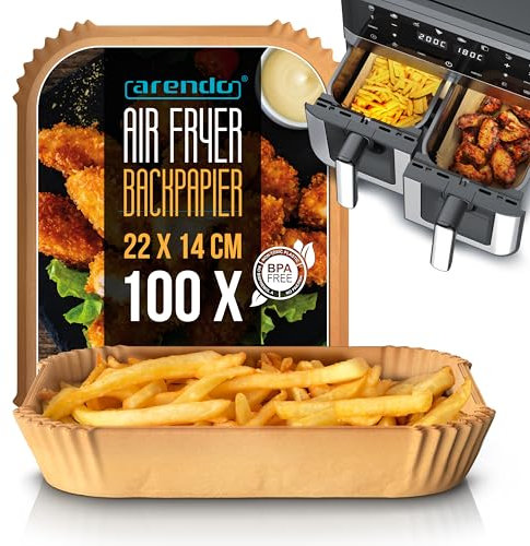 Arendo - Backpapier für Heißluftfritteuse mit Doppelkammer - 100 Stück – 22 x 14 x 4,5 cm - Antihaft Backpapier - wasser und ölbeständig – geeignet für Airfryer Backöfen Mikrowellen Dampfgarer