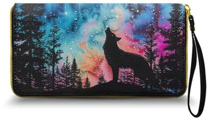 Nittanovaca Galaxie Wolf Gedruckt Geldbörse Damen groß im Langformat, Geldbeutel mit Gedruckt auf Leder, Reißverschluss Geldbörse, Portemonnaie mit vielen Fächern1