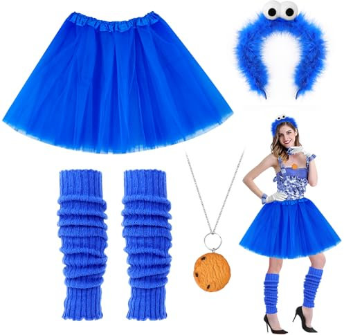 Dreamtop Krümelmonster Kostüm Damen Cookie Haarreif Krümelmonster Haarreif Tutu Rock Halskette Bein Stulpen Krümelmonster Kostüm Accessories für Karneval Fasching Halloween Cosplay