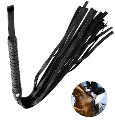 Diffaxy Frusta Nera da 48 cm, Frusta da Equitazione con Impugnatura in Pelle, Adatta per spettacoli equestri, addestramento Cavalli, spettacoli teatrali e Giochi di Ruolo