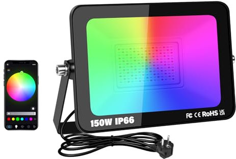 RIGIDON 1x 150W RGB LED Strahler APP-Steuerung, 15000LM RGBW Farbwechsel Flutlicht, Smart Dimmbar Timer Bunt Fluter Lampe Für Party Garten Baum Landschaft, Disco Feiern, Außen/Innen Wasserdicht IP66