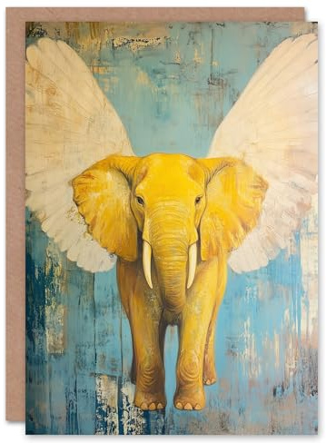 Artery8 Greeting Card Yellow Elephant With Angel Wings Oil Painting Blank For Him Or Her Art Birthday Card