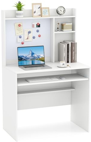 GIANTEX Bureau avec Rangement avec Tableau d'Affichage Magnétique, Table de Bureau avec Étagères de Rangement, Plateau pour Clavier, Table Ordinateur Moderne pour Étudiant, Blanc