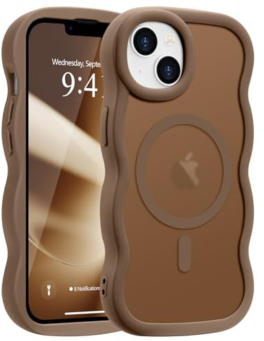 Pepmune Magnetic for iPhone 15 Plus/14 Plus Case [Compatible with Magsafe] Translucent Matte Cute Curly Wave Frame Phone Case,Soft TPU Bumper Slim Fit Shockproof Protective Cover for Men Women-Gold