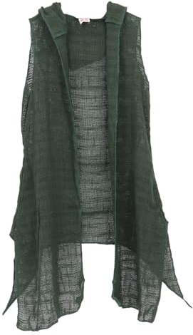 Offener Cardigan mit Kapuze, Boho Long-Weste aus Baumwolle, dunkelgrün, S