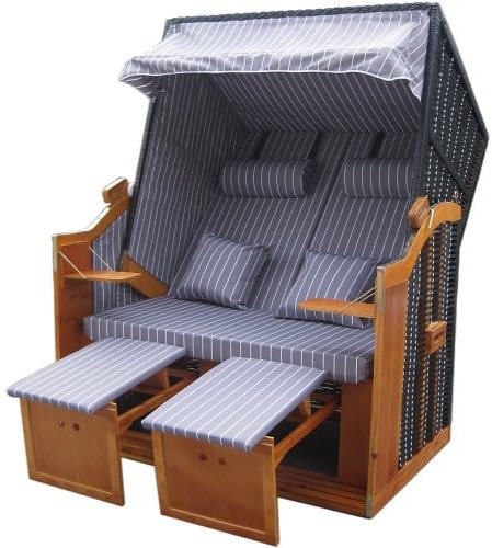 Vaiko Strandkorb Vollieger Ostsee Nordsee XXL120cm breit verstellbar PE Geflecht Markisenstoff (Grau weiß Nadelstreifen)
