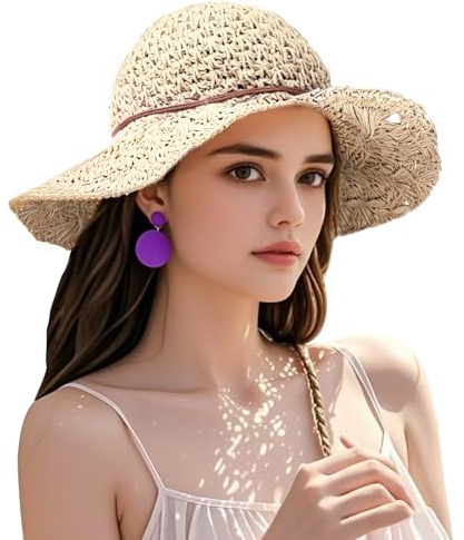 shallyong Chapeau de Paille Femme, Chapeau de Soleil en Paille pour Femme, Chapeau de Plage Pliable, Chapeau de Paille à Large Bord, Bohême Été Femmes Chapeau, pour Voyage Vacances