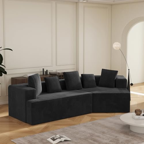 ZX Design Ecksofa mit Schlaffunktion, Kompressionssofa Sofa L Form Eckcouch Schlafsofa für Wohnzimmer Cordstoff mit fünf Kissen Cord Sofa L Form Sofas & Couches (Schwarz)