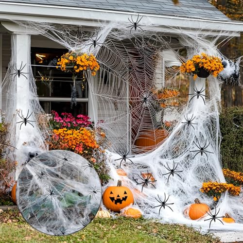 Halloween Deko Spinnennetz, 200g Outdoor Spinnenweben mit 40 Stücke Realistische Kunststoff Spinne, Horror Atmosphäre für Karneval Fasching Halloween Party Dekoration für Tisch, Haustür Außen, Garten