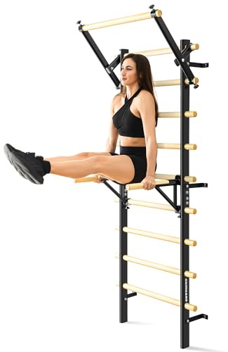 GymYard Swedish Ladder, Wood Stall Bar, Swedish ladders Wall Gym Adult, Adjustable Pull Up and Dip Station for Adults and Kids, 9-Anchor Solid Pine, Home Fitness