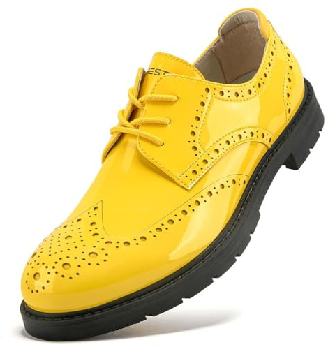 SDEQA Scarpe da Golf da Uomo in Pelle Impermeabili con 9 Chiodi, Scarpe Sportive Casual Antiscivolo,Giallo,42.5 EU