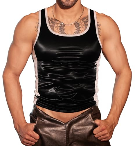 AIEOE Herren Wetlook Tanktop Lack Leder Muskelshirt Glänzend Clubwear mit Kontrasteinsatz Sexy Party Outfit Gym Top