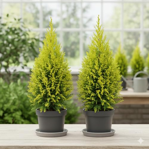 Zimmerzypresse Goldcrest 2er-Set, Mediterrane Zimmerpflanze mit Zitronenduft, Winterhart & Immergrün, Höhe 40-60 cm, für Wohnung Balkon & Terrasse