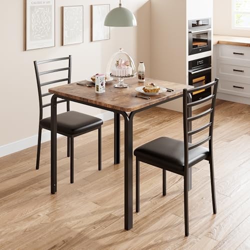Crevyteg 3-teiliges Tisch mit Stühlen, Esstisch Klein mit 2 Stühlen, Quadratischer Esstisch aus Metall und Holz mit 2 Gepolsterten Stühlen, Küchentisch mit 2 Stühlen für Kleine Räume, Vintage-braun