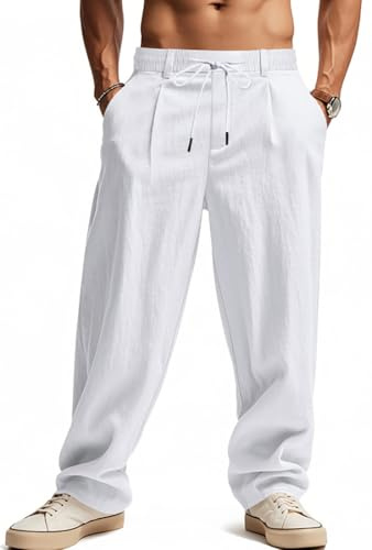 WINKEEY Pantaloni Lino Uomo Estivi Pantaloni Leggeri Baggy Eleganti con Tasche Elastico in Vita e Coulisse