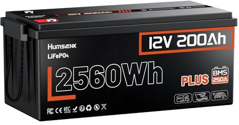 HumsiENK Batteria LiFePO4 12V 200Ah Plus con BMS 250A e Protezione Bassa Temperatura, 6000+ ciclo profondo, 2560 Wh per Camper, Barca, Sistema solare, Off-grid