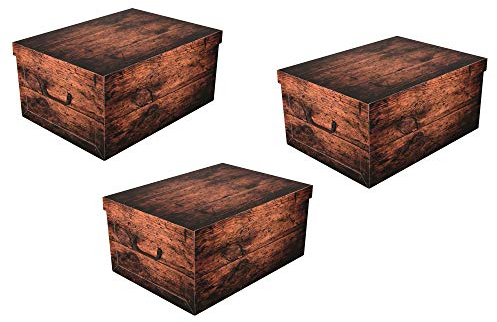 3 Stück XXL Dekokarton DARK WOOD in schöner, dunkler Holzoptik - Tolles Motiv, passt in jeden Haushalt! Edel und hochwertig! Mit Griffen zum Tragen und XXL Volumen!