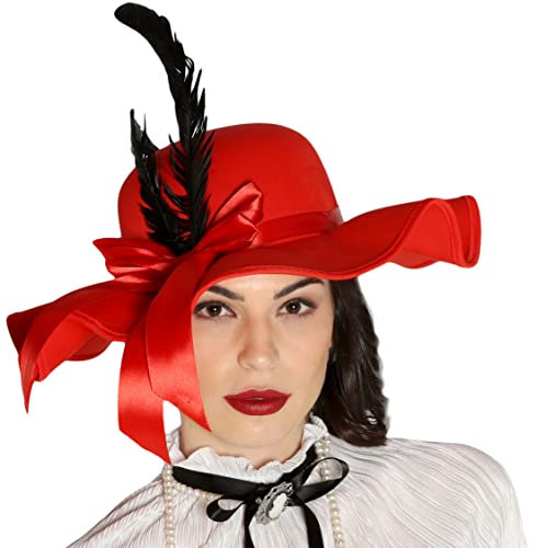 Fiestas Guirca Chapeau Rouge Pamela XVIII- XIXème siècle avec nœud et Plumes Noires