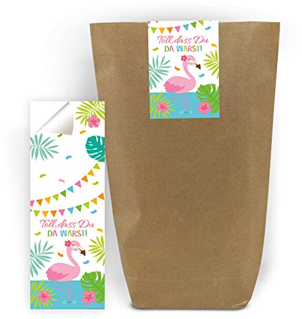 Junaversum 12 Geschenktüten + 12 Aufkleber Flamingo für Mitgebsel Gastgeschenk beim Geburtstag Kindergeburtstag Hochzeit Taufe (12 Tüten + 12 Aufkleber)
