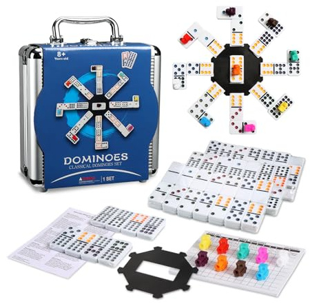 Domino-Set für Erwachsene, Doppeltes 12 mexikanische Zug-Dominosteine, Spiel mit bunten Punkten, klassisches Domino-Set mit Aluminiumkoffer, 1 Domino-Hub, 9 bunte Zug, 91 Dominosteine (2–8 Spieler)