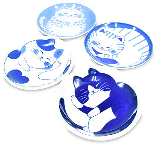 Product of Gifu Japan Mino Ware Japanischer Mini-Gewürzteller, Sushi-Sojasauce, Obstkuchen, NEKOCHIGURA Katzen-Design, 9,9 cm, 4 Muster Set