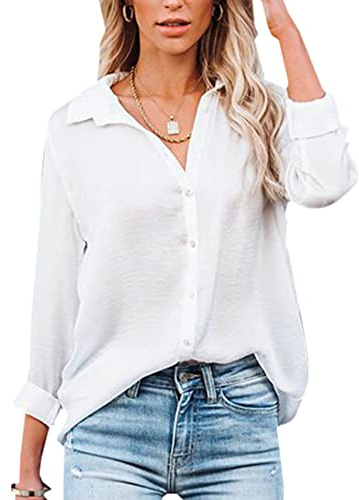 NONSAR Blusa para Mujer de Manga Larga y, Cuello de Pico, con Botones, Elegante, Informal, para Trabajo, Camisa de Manga Larga, Blanco, M