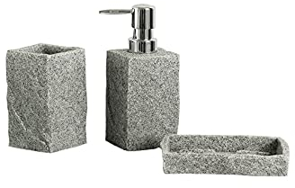 Ensemble de Salle de Bain Zhanwang Trois pièces, Comprenant Un Porte-Savon, Un Porte-Brosse à Dents, Un Distributeur de Savon, Granit Gris Sable