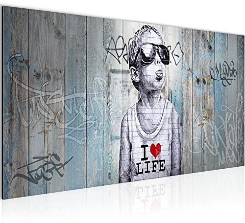 Runa Art Wandbild Banksy-Style Graffiti Junge 1 Teilig 100 x 40 cm Modern Bild auf Vlies Leinwand Street Art Loft Wohnzimmer Blau 039812a