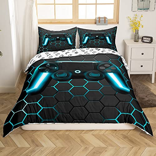 Gamer Bettwäsche Sets für Jungen,Gaming Bettbezug Set 155x220,Kinder Videospiele Trösterbezug,Geometrisches Wabenbett Set für Teen Jungen Schlafzimmer,Gamepad Controller,2 Stücke mit 1 Kissenbezug
