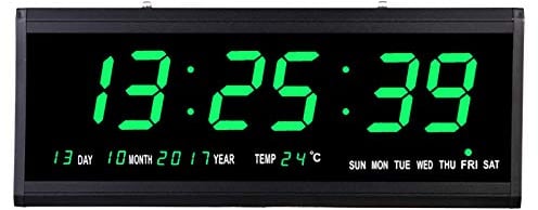Acesunny LED Digitaluhr Große Wohnzimmer Digital Wanduhr mit Datum Temperatur Kalender Digital Wanduhr LED Display Datumanzeige Funkuhr Creative LED Clock Wanduhr Seniorenuhr Wohnzimmer Büro (Grün)