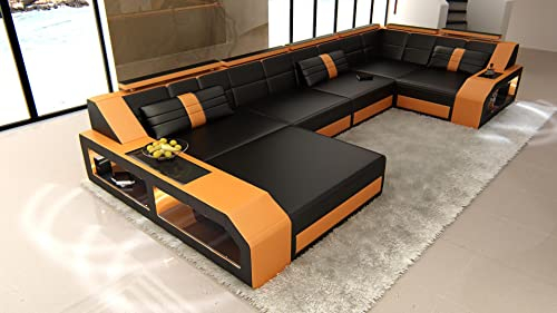 Sofa Wohnlandschaft Arezzo U Form Leder - mit LED Beleuchtung, verstellbare Kopfstützen, Recamiere/Lederfarben wählbar/Ausrichtung Ottomane wählbar (Ottomane Links, Schwarz-Orange)