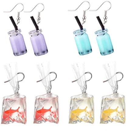 Borsgye 4 Pairs Goldfish Water Bag Dangle Earrings Cute Weird Cartoon Resin Bubble Boba Tea Cup Drop Earrings Punk 3D Eye-Catching Drink Cup Hook Earring for Women Girl Funny Jewelry Creative Gift