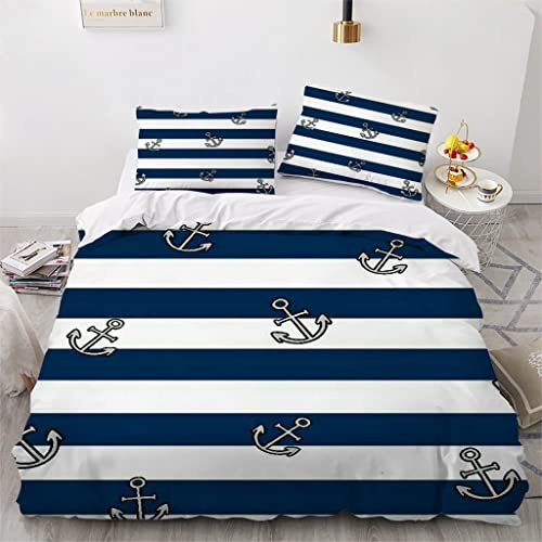 WQIZXCW Anker Bettwäsche 135x200 2er Set, Maritime Gestreift Microfaser Bettbezug - Weich & Angenehm & Atmungsaktiv, 1 Bettbezüge mit Reißverschluss + 1 Kissenbezug 80x80 cm