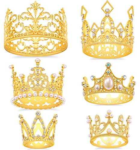 SisBroo Gold Crown Cake Topper, 6 Pieces Happy Birthday Cake Toppers, Princess Crown Cake Decorations for Birthday, Wedding, Party and Baby Shower, Birthday Crown Tiara for Kids and Pets (Gold-Ⅰ, 6)