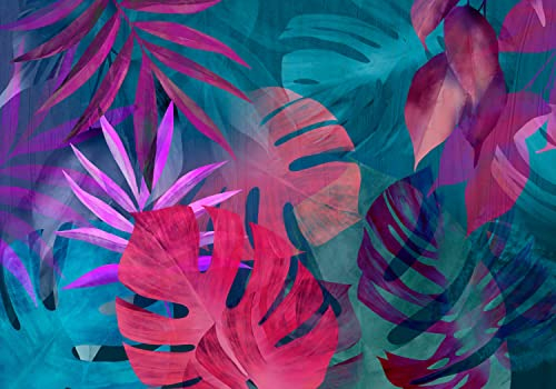 decomonkey Fototapete Blätter 350x256 cm Tapete Fototapeten Vlies Tapeten Vliestapete Wandtapete moderne Wand Wandbild Schlafzimmer Wohnzimmer Deko Pflanzen Natur Laub bunt blau rosa