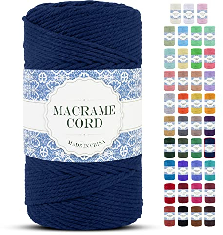 Uiopa Makramee Garn 4mm x 200m Natürliche Baumwollkordel Baumwollseil Baumwollgarn Baumwollschnur, Macrame Cord 4mm für DIY Basteln Stricken Wandbehang Pflanze Aufhänger Boho Deko (Dunkelblau)