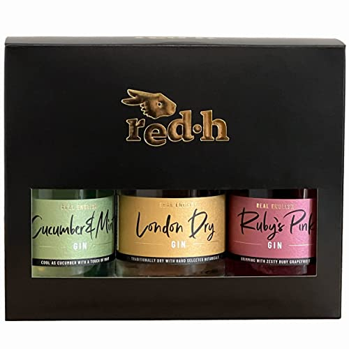 red.h Premium Gin Miniatures 3 x 20cl (ABV 40%) | Flavoured Gin Gift Set Mint & Cucumber Gin, Pink Gin, & London Dry Gin | Proudly British Miniature Gin Bottles