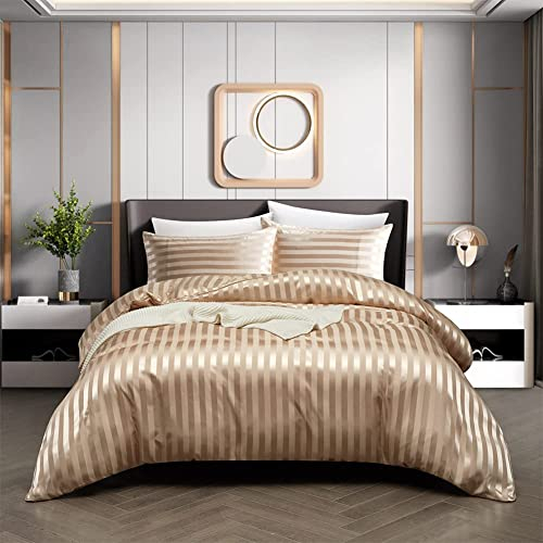 Tospass Sommer Satin Bettwäsche 135x200 cm 4 Teilig Khaki Glatt Glanzsatin Seide Bettwäsche Set Luxus Deckenbezug Einfarbig Glänzend Gestreift Bettbezug mit Reißverschluss 2 Kissenbezug 80x80cm