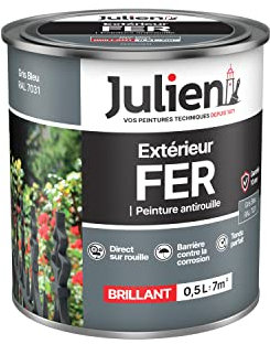 Julien Peinture Fer Anti-Rouille Brillant - Portes, grilles, portails, mobilier de jardin en métal - Gris Bleu 0,5 L