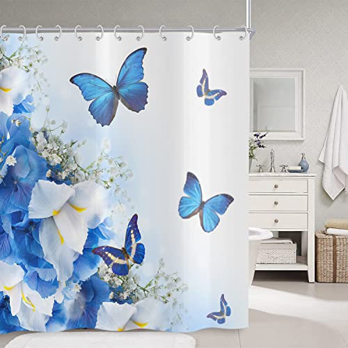 Hnmdmyi Tenda da doccia blu 180x200, Fiori e Farfalle Natura Sogno Fantasia Giardino Tenda da bagno impermeabile in tessuto poliestere lavabile per il bagno con ganci