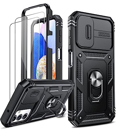 LeYi for Samsung Galaxy A14 4G/5G Case with Camera Cover Slider, Full Body Armour Military Shockproof Phone Cover | 2 Pack Tempered Glass Screen Protector | Ring Stand Holder for A 14 Black