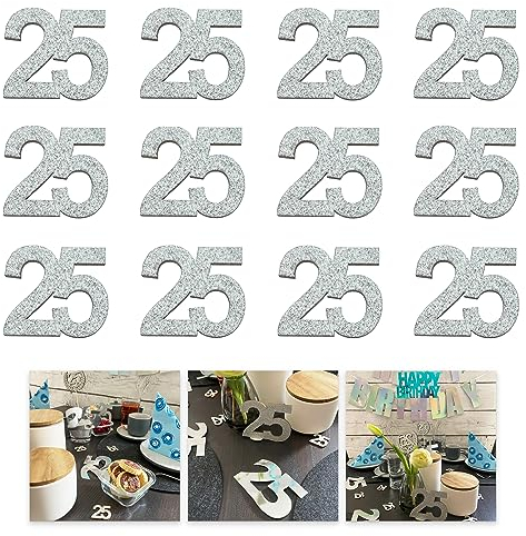 Oblique Unique® 12 Stück Holz Zahl 25/50 Glitzer Konfetti Holzdeko Tischdeko Streudeko zur Verzierung Dekoration für Silber Hochzeit Geburtstag Party zum Basteln (Zahl 25 - Silber)