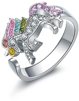 Clataly Regenbogen Einhorn Ring mit Strass Einstellbare Öffnung Cartoon Einhorn Mädchen Ring (Silber)