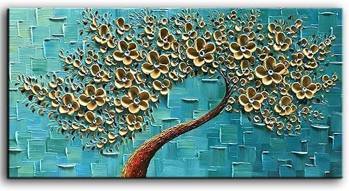 Fokenzary Handgemaltes Leinwandbild, abstrakte moderne Blumen, dicker 3D-Effekt, Messer, gerahmt, fertig zum Aufhängen50x100cm