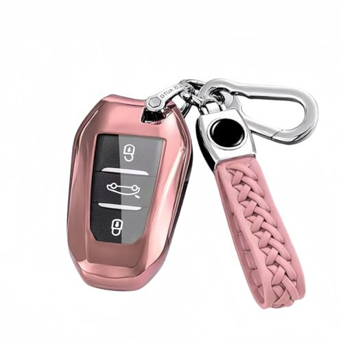 MEDZUK Coque Clé Compatible avec Peugeot 208 II e-208 2020-2024 2025 Coque de Protection pour clé de Voiture TPU, Accessoire Étui pour Clés avec Porte-clés (Rose)
