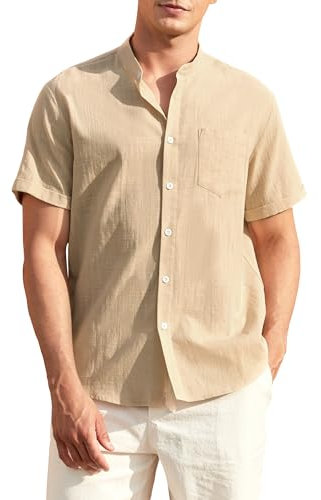 Enlision Camicia di Lino Uomo Beige Camicia Collo Coreano Manica Corta Estiva Camicie Uomo Lino Cotone con Bottoni Tasche per Casual Beach Matrimonio Taglie Forti 3XL