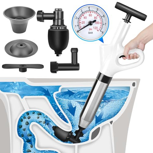 Hochdruck-WC-Saugglocke, Luftablauf-Blaster-Pistole mit Sichtbarometer und Edelstahl-Kolben, leistungsstarkes Abflussverstopfungsentferner-Werkzeug für Waschbecken, Toilette, Bodenablauf – robuste