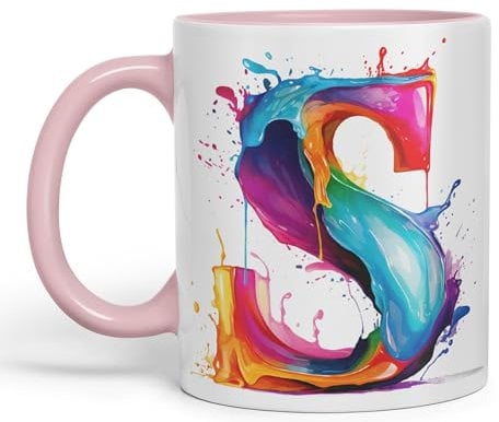 Vixar Letter S Mug, Alphabet Letter S Monogram Watercolour Ceramic Coloured Mug Cup for Tea Coffee Hot Brew 330ml 11Oz Gift (Pink)